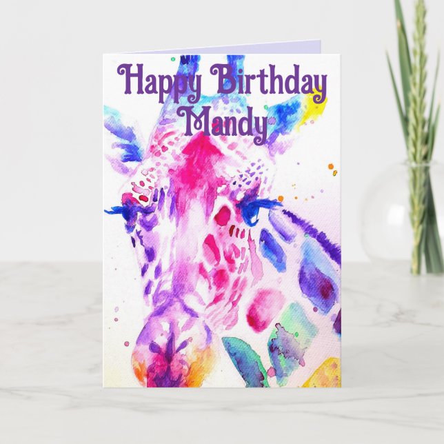 Colourful Giraffe Watercolour Girls Birthday Card (Front)