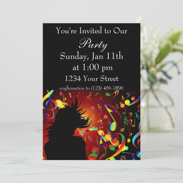 Colourful girl dancing and musical notes invitation (Standing Front)