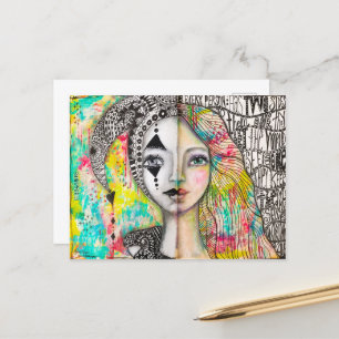 Colourful Girl Jester Black White Fun Whimsical Ar Postcard