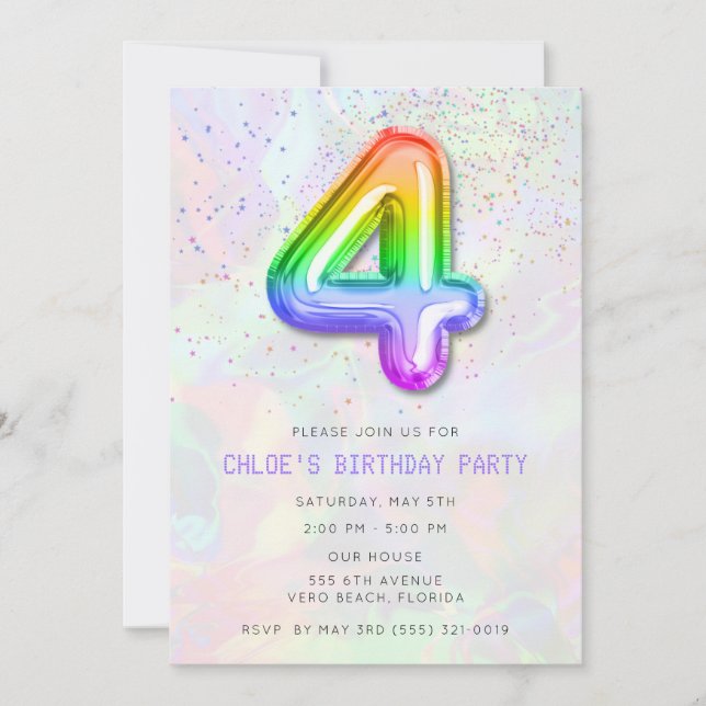 Colourful Girl's 4th Birthday Balloon Party Invitation (Front)