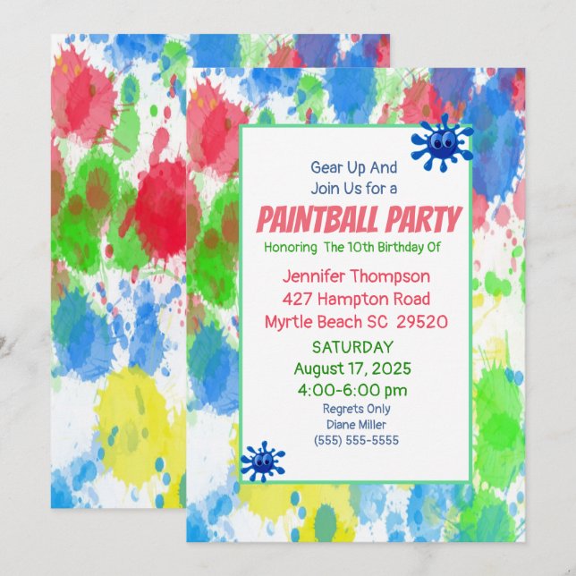 Colourful Girls Paintball Birthday Party Invitatio Invitation (Front/Back)