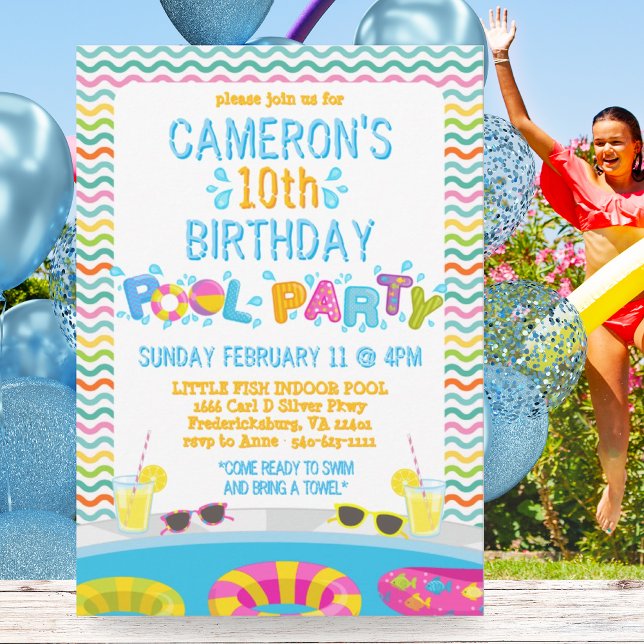 Colourful Girls Splash Pool Party Birthday Invitation (Colorful Girls Splash Pool Party Birthday Invitation)