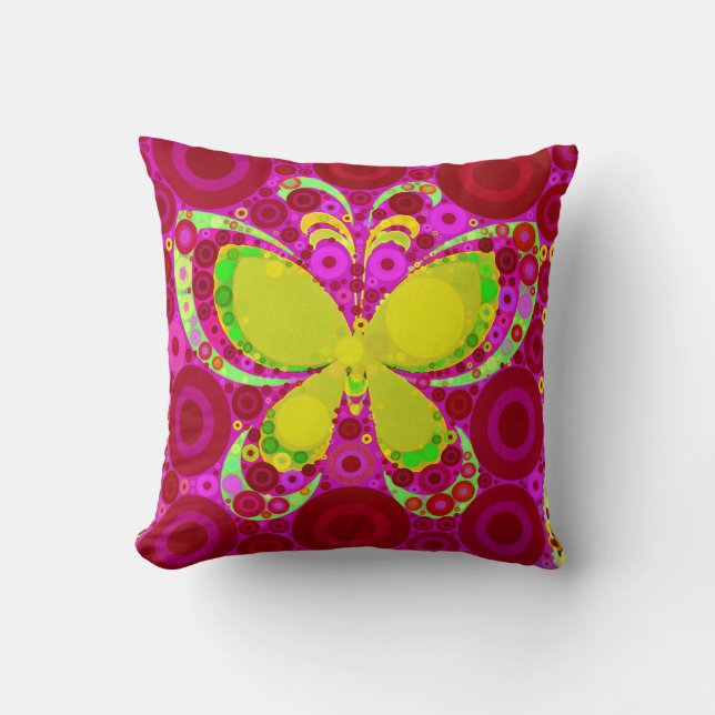 Colourful Girly Butterfly Circle Mosaic Pink Yello Cushion (Front)