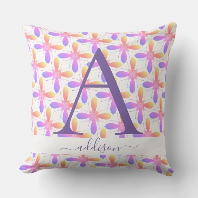 Colourful Girly Flower Monogram Name  Cushion (Front)