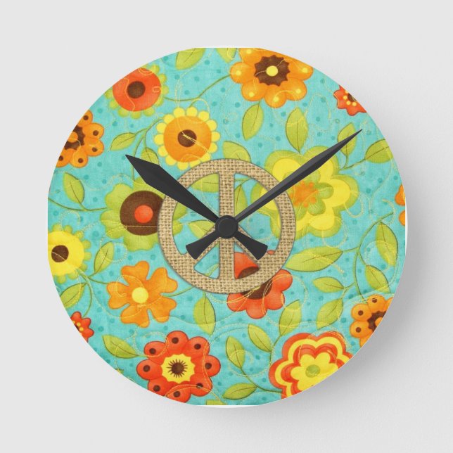 Colourful Girly Groovy Peace Floral Print Round Clock (Front)