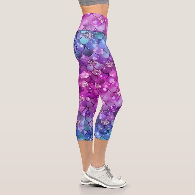 Colourful Girly Mermaid Glitter Scale Pattern Capri Leggings (Right)