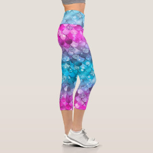 Colourful Girly Mermaid Glitter Scale Pattern Capri Leggings