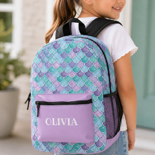 Colourful Girly Purple and Teal Mermaid Scales Printed Backpack