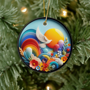 Colourful Glass Abstract Dove Rainbow Garden Ceramic Ornament