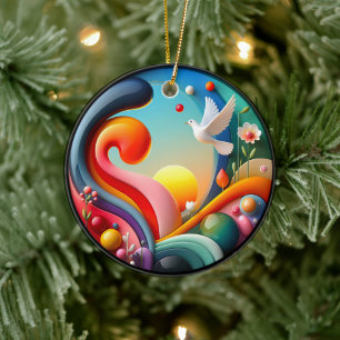Colourful Glass Abstract Dove Rainbow Garden Ceramic Ornament