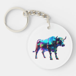 Colourful Glass Bull Digital Art – Vibrant Neon 3D Key Ring