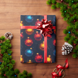 Colourful Glass Ornament Dark Blue Christmas Wrapping Paper