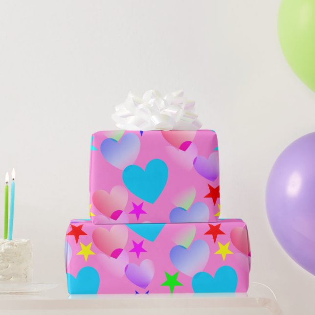 Colourful Gliding Hearts 'n Stars Gift Wrap Paper (Party Gifts)
