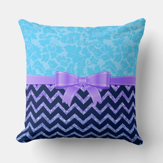 Colourful Glitter Blue Chevron Blue Damasks Cushion (Front)