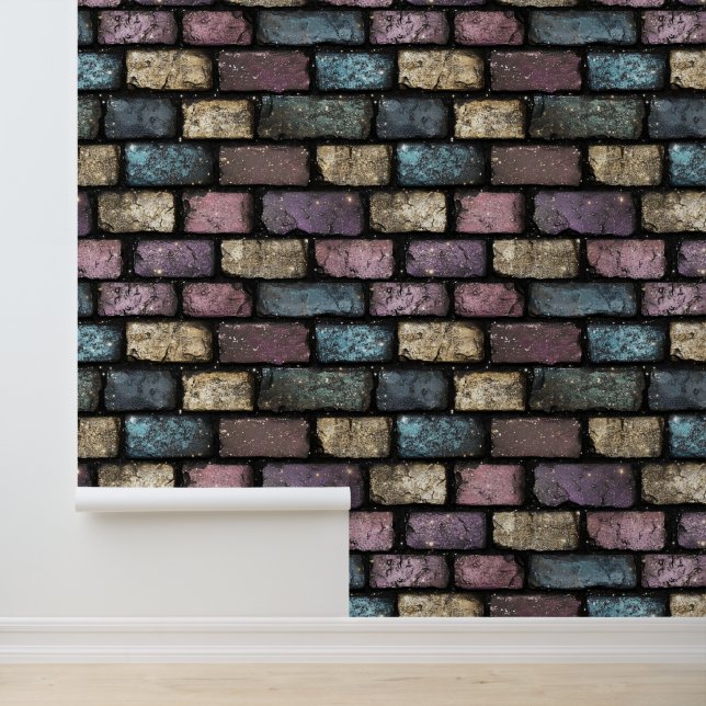 Colourful Glitter Brick Pattern Wallpaper (Application)
