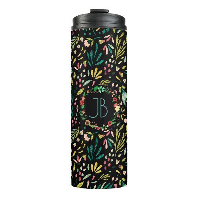Colourful Glitter Cute Flowers Seamless Pattern Thermal Tumbler (Front)
