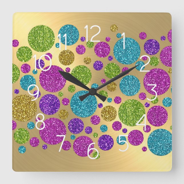 Colourful Glitter Dots Gold Acrylic Wall Clock (Front)