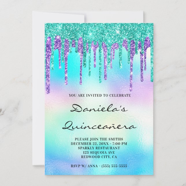 Colourful Glitter Drip Iridescent Quinceañera Invitation (Front)