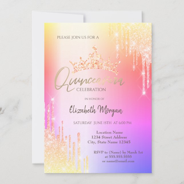 Colourful Glitter Drops Crown Quinceañera Invitation (Front)