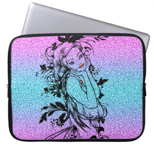 Colourful Glitter Floral Girl Illustration Laptop Sleeve