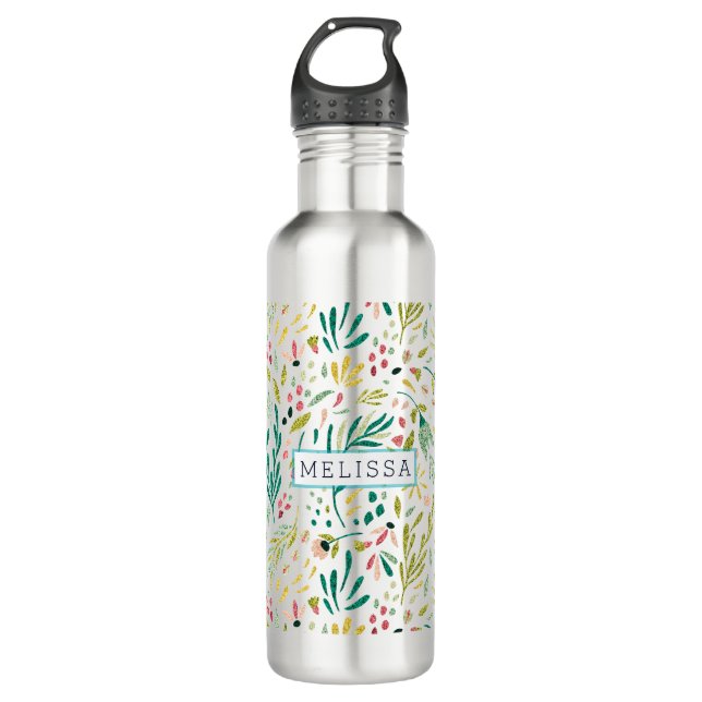 Colourful Glitter Flowers Pattern With Monogram 710 Ml Water Bottle (Front)