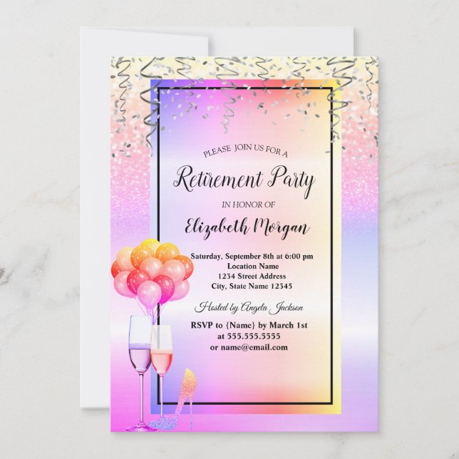 Colourful Glitter Glass,Balloons Retirement Party Invitation (Front)
