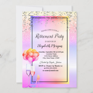 Colourful Glitter Glass,Balloons Retirement Party Invitation