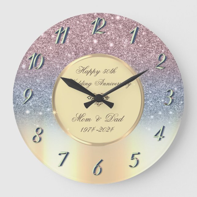 Colourful Glitter,Gold 50th Wedding Anniversary Large Clock (Front)