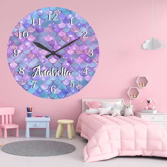 Colourful Glitter Mermaid Scales Design Large Clock (Creator Uploaded)