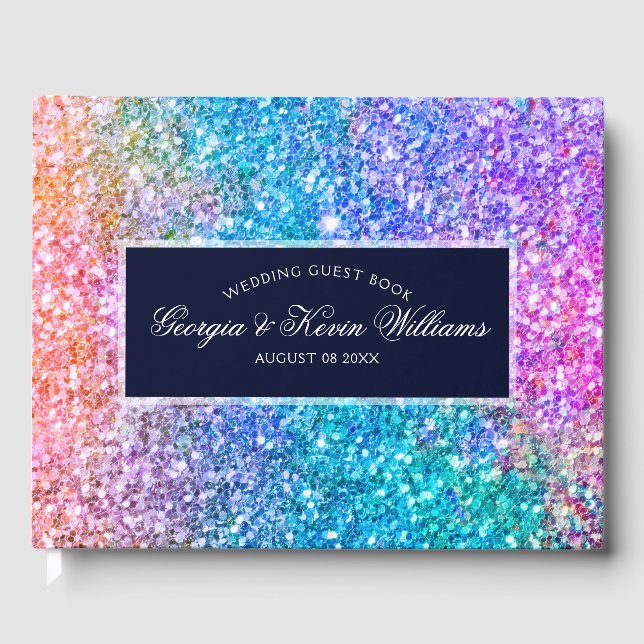 Colourful Glitter Pattern & Dark Blue Guest Book (Front)