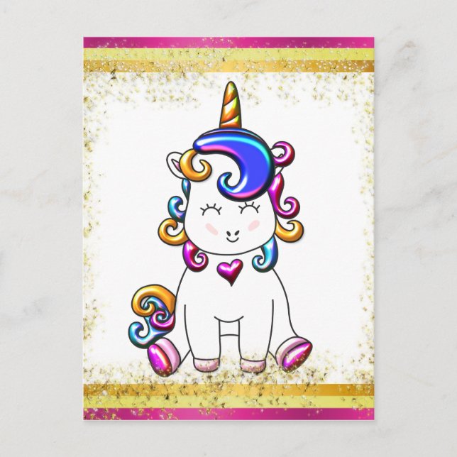 Colourful Glitter Pink Unicorn Postcard (Front)