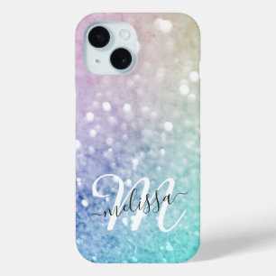 Colourful Glitter Pretty Bokeh Monogrammed iPhone 15 Case