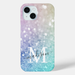 Colourful Glitter Pretty Bokeh Monogrammed iPhone 15 Case