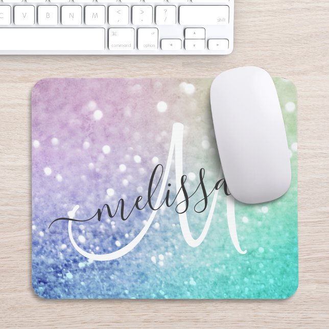 Colourful Glitter Pretty Bokeh Monogrammed Mouse Pad (Creator Uploaded)