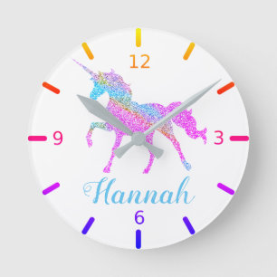 Colourful Glitter Speckled Magical Unicorn Round Clock