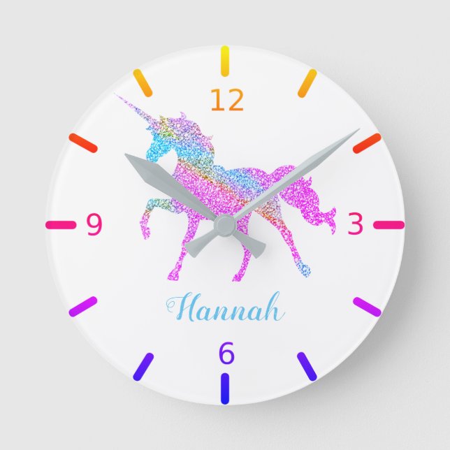 Colourful Glitter Speckled Magical Unicorn Round Clock (Front)