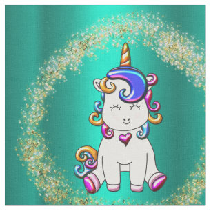 Colourful Glitter Teal Unicorn Fabric