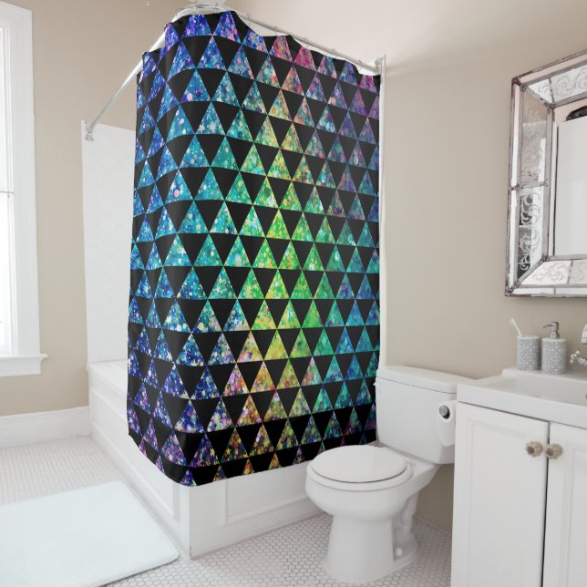 Colourful Glitter Texture & Black Triangles Patter Shower Curtain (In Situ)