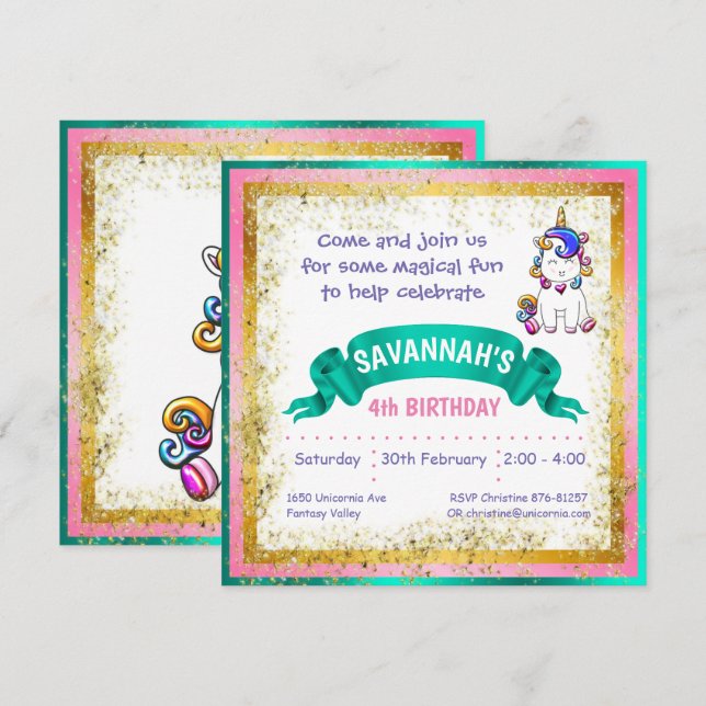 Colourful Glitter Unicorn Invitation (Front/Back)