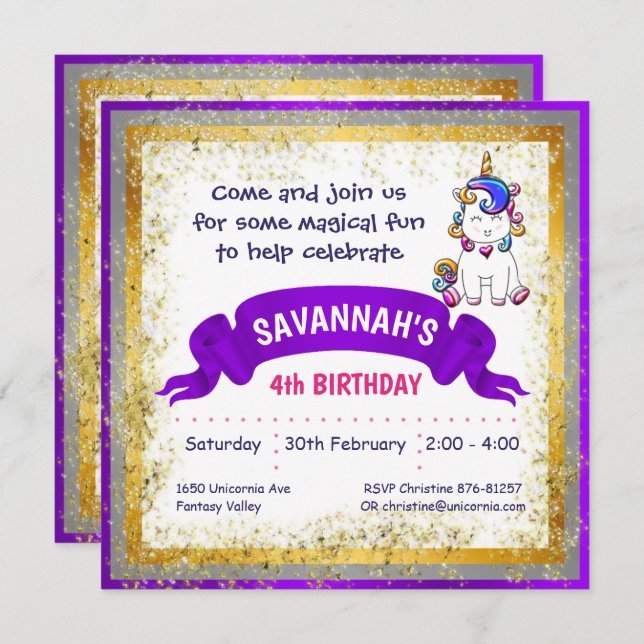 Colourful Glitter Unicorn Purple Invitation (Front/Back)