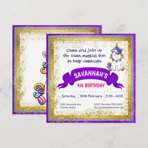 Colourful Glitter Unicorn Purple Invitation