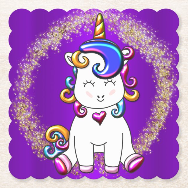 Colourful Glitter Unicorn Purple Paper Coaster (Front)