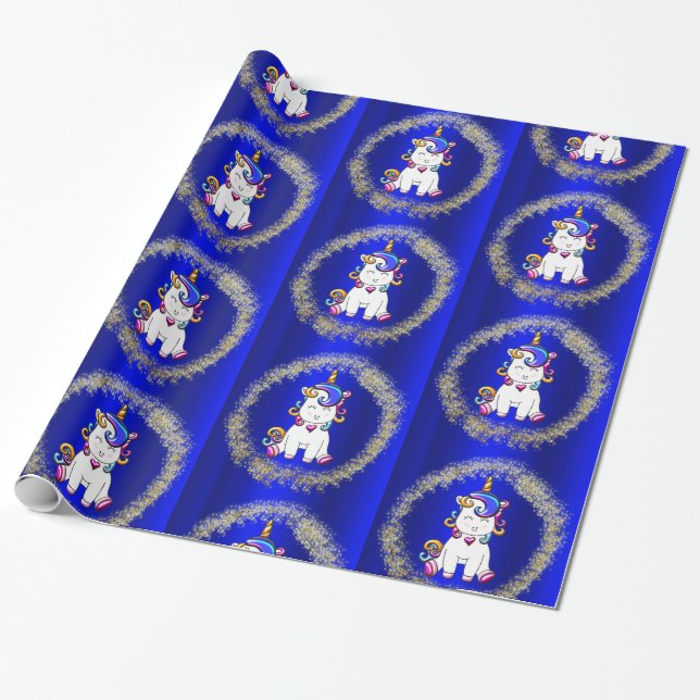 Colourful Glitter Unicorns Blue Wrapping Paper (Unrolled)