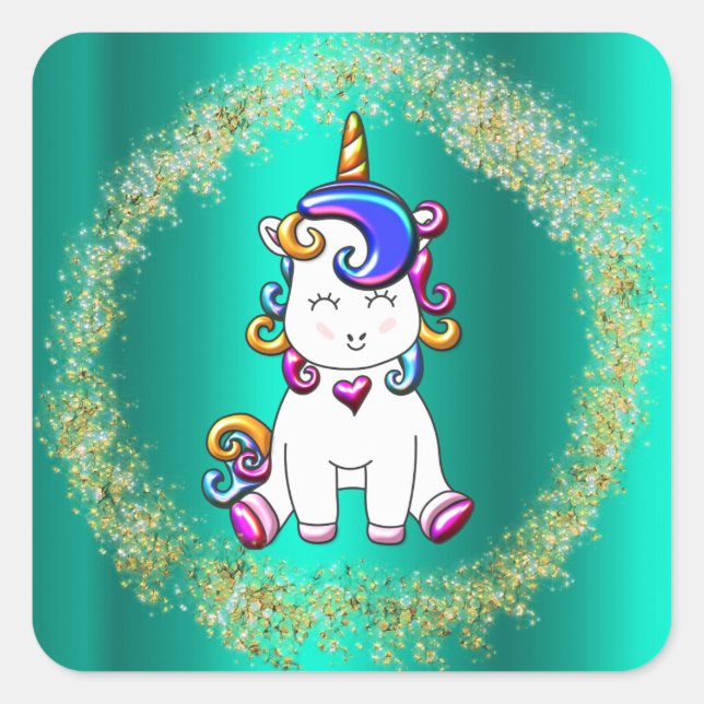 Colourful Glitter Unicorns Teal Square Sticker (Front)
