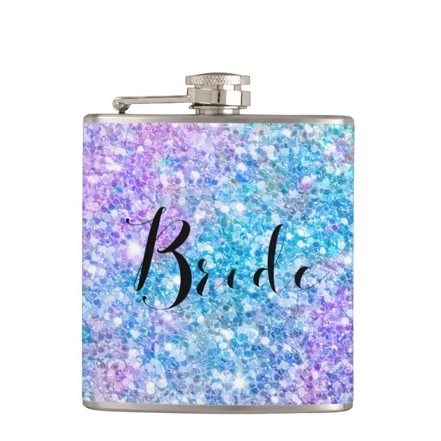 Colourful Glitter With Black Typography Bride Hip Flask (Front)