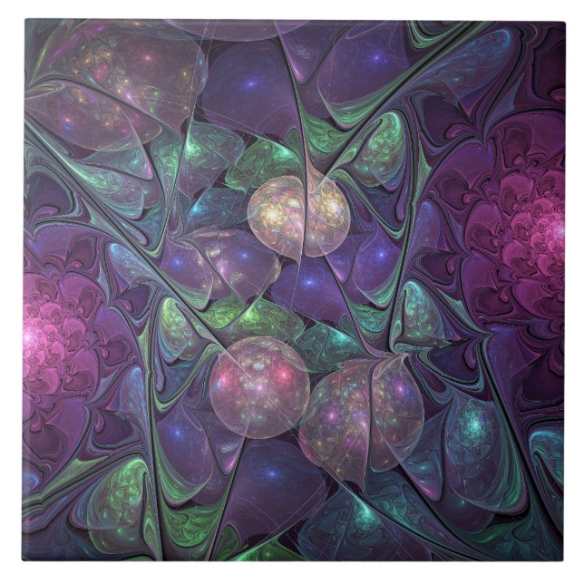 Colourful Glittering Modern Abstract Fractal Art Ceramic Tile (Front)