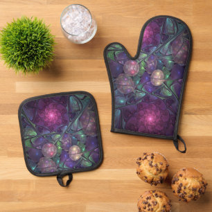 Colourful Glittering Modern Abstract Fractal Art Oven Mitt & Pot Holder Set