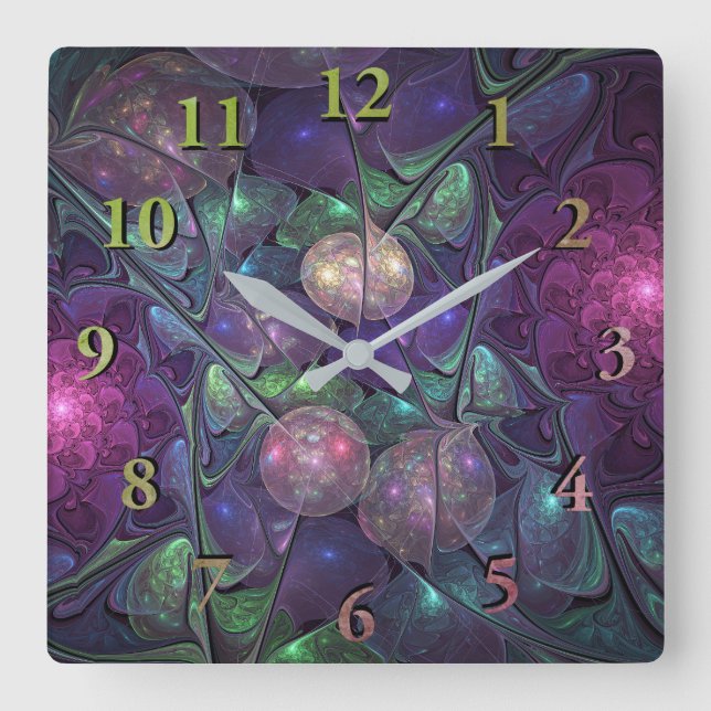 Colourful Glittering Modern Abstract Fractal Art Square Wall Clock (Front)