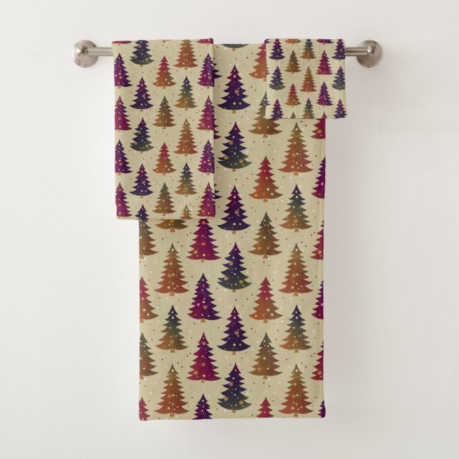 Colourful Glittery Christmas Tree Repeating Patter Bath Towel Set (Insitu)
