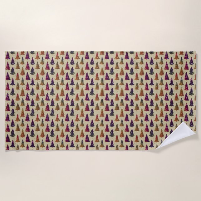 Colourful Glittery Christmas Tree Repeating Patter Beach Towel (Front)